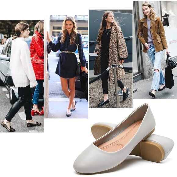 Women's Light Grey PU Leather Closed Toe Slip on Comfortable Ballet Flats Shoes - Picture 5 of 6